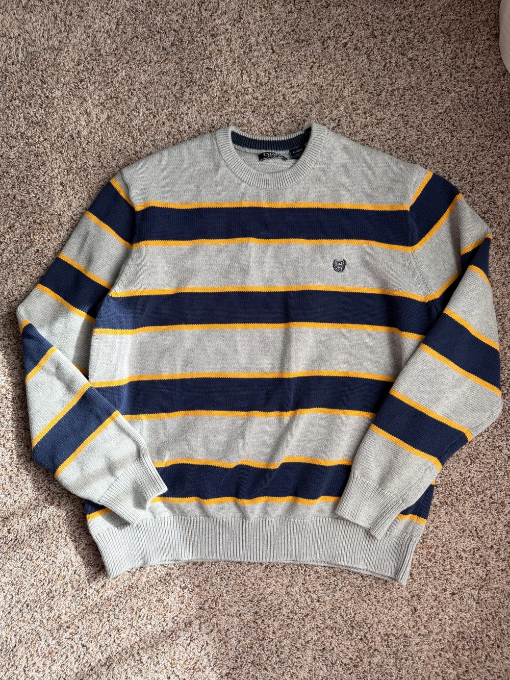 Chaps Men's Gray Crewneck Sweater with Navy & Yellow Stripes